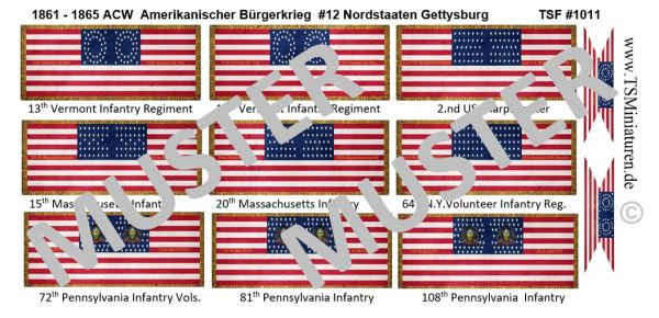 Amerikanischer Bürgerkrieg / ACW 12, Union /Nordstaaten, Gettysburg, Fahnen 1:72
