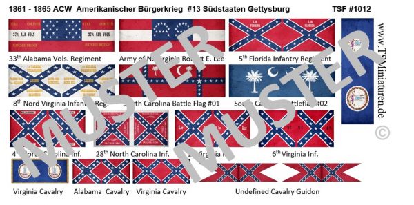 Amerikanischer Bürgerkrieg / ACW 13, Konföderierte / Südstaaten, Gettysburg, Fahnen 1:72